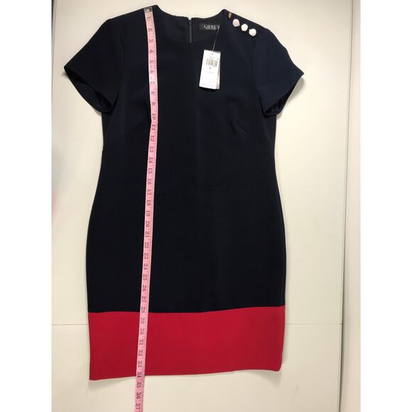 New Ralph Lauren Kusmae Two-Tone Button Trim Crepe Shift Dress Navy Red 2 - Picture 14 of 15